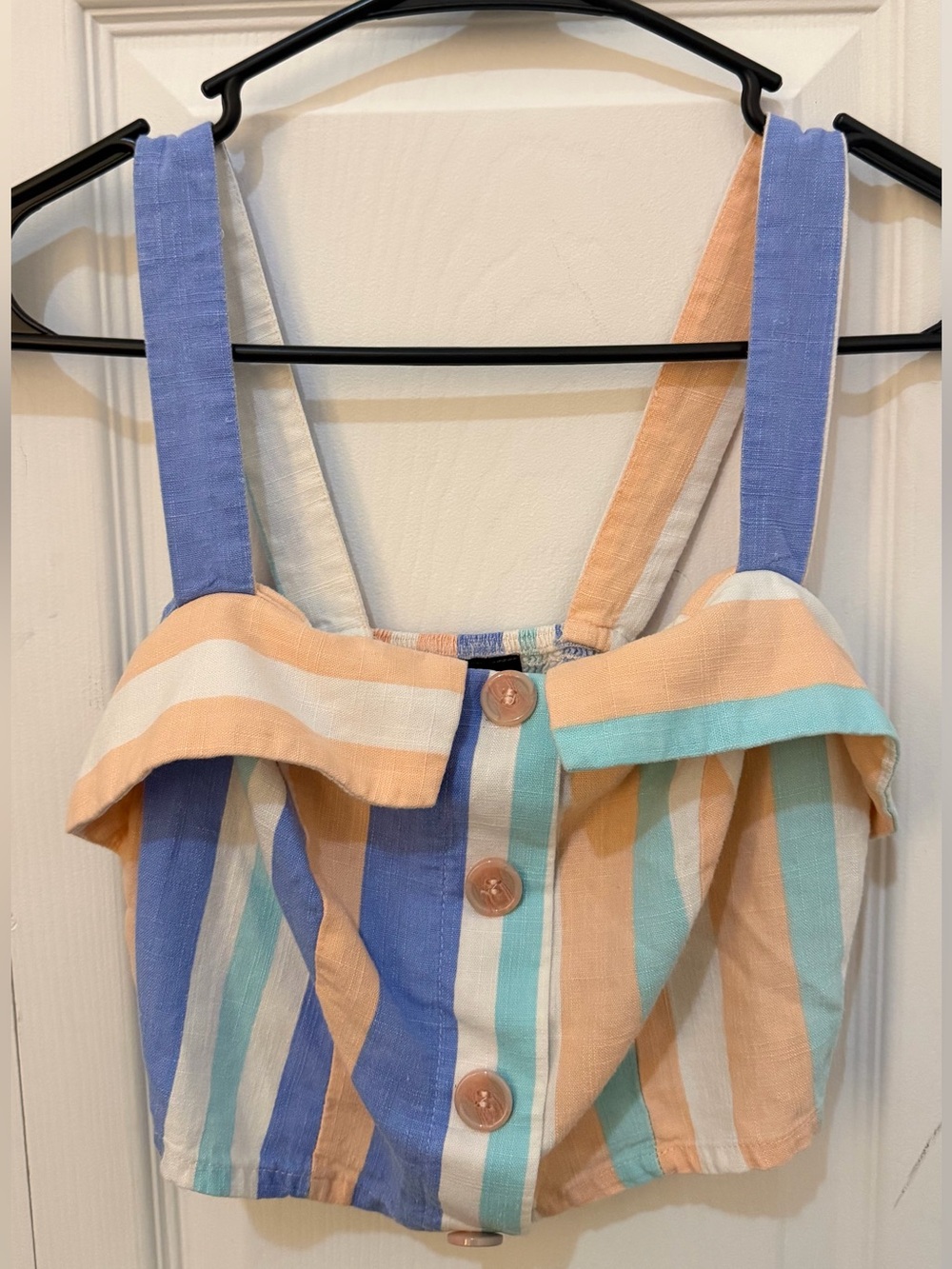 Girls Striped Ruffle Front One-Piece in Peach, Blue & Aqua